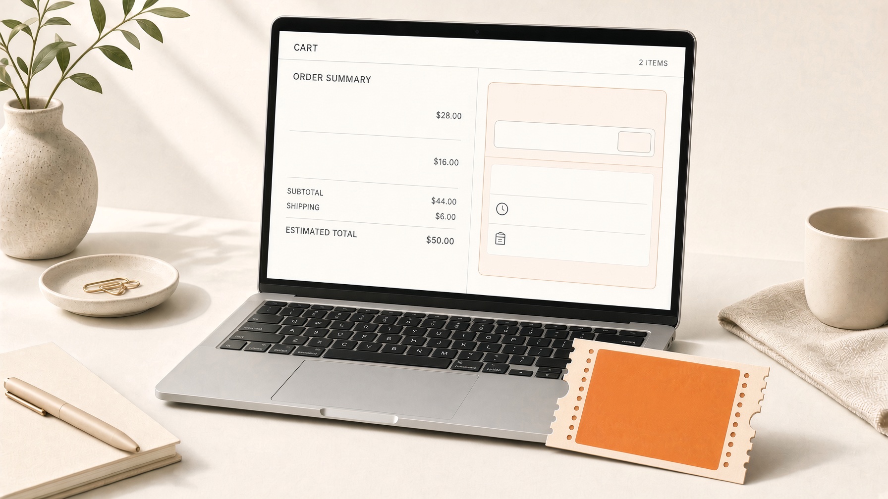 A checkout on a laptop with an empty promo field, and a tangerine coupon ticket on the desk