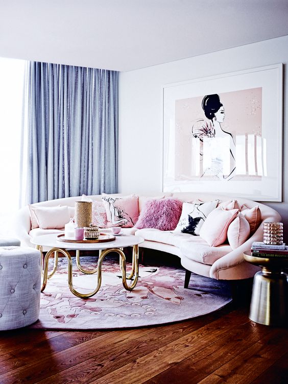 02-a-rounded-blush-sofa-with-graphic-and-pink-fur-pillows-is-a-great-idea-for-a-girlish-space