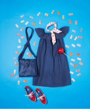 Pictured: A Fan of Chambray Shift Dress, It’s Been Too Longboard Sneaker in Red, Stow and Steady Bag, Influential Accessorizing Headband in Hearts