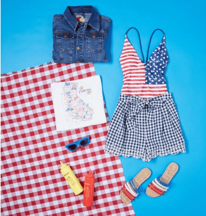 Pictured: Sand of the Free One-Piece Swimsuit, Coast’s Pick Tank Top, I Am What I Gingham High-Waisted Shorts, Casually Dashing Denim Jacket, Color Me Casual Sandal in Americana, Worth Its Weight in Bold Sunglasses in Cobalt