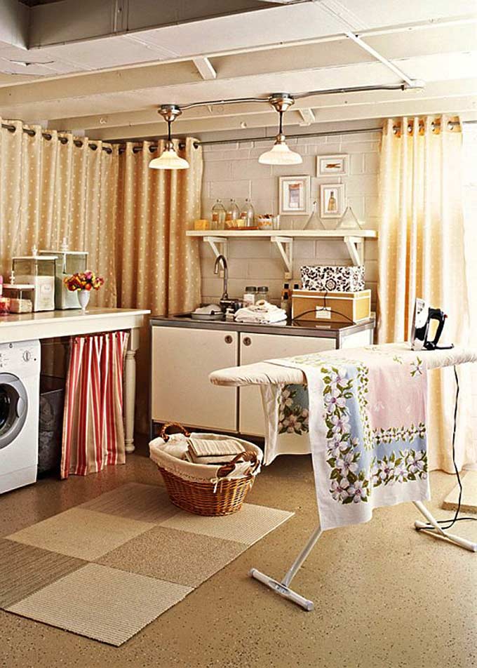 Cover up ugly basement walls with beautiful curtains