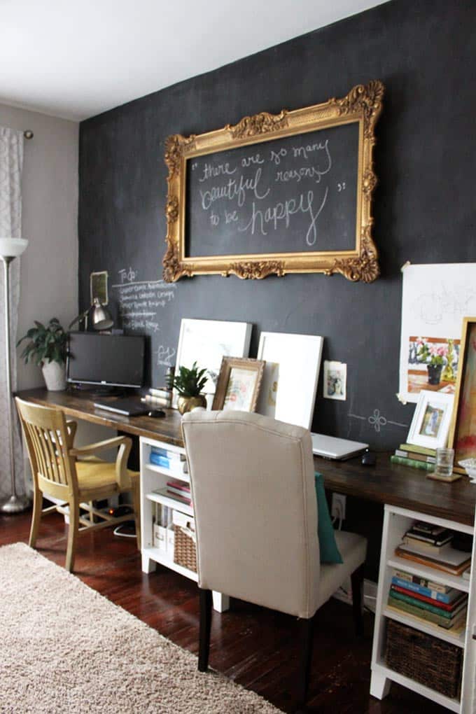 Paint one of the basement walls with chalkboard paint like the one in this home office